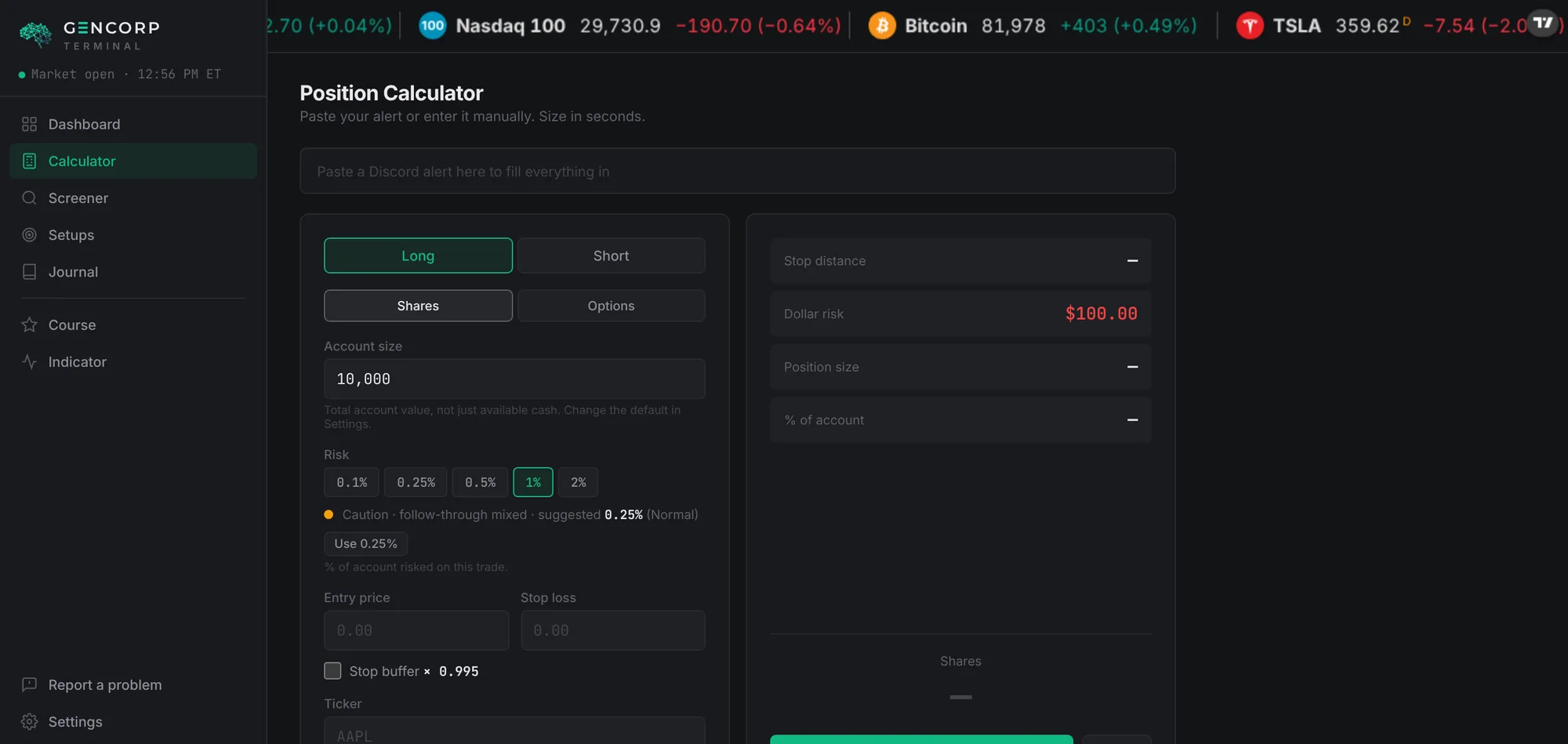 The position-size calculator in the Gencorp Terminal